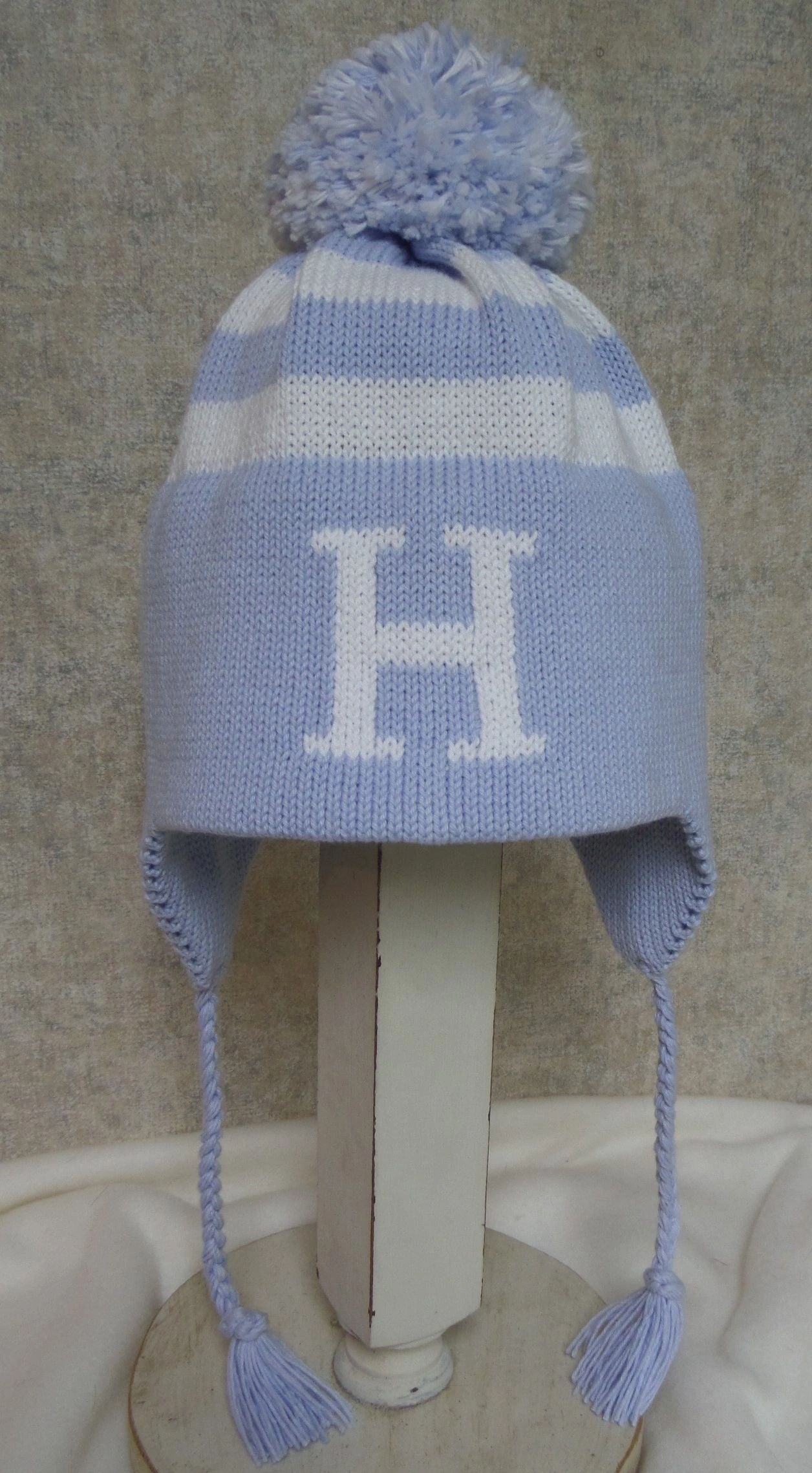 STRIPE EARFLAP WITH LETTER AND POMPOM Custom Hat | Devonknitwear