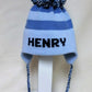 STRIPE EARFLAP WITH NAME AND POMPOM Custom Hat | Devonknitwear