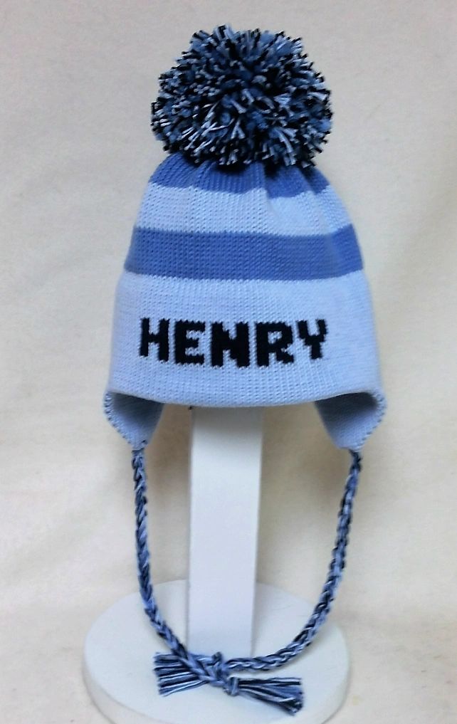 STRIPE EARFLAP WITH NAME AND POMPOM Custom Hat | Devonknitwear