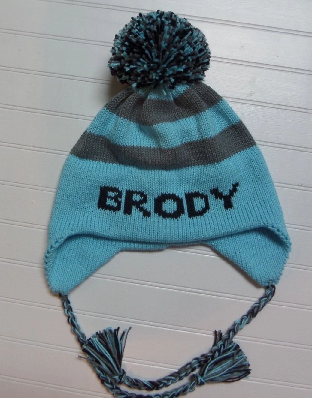 STRIPE EARFLAP WITH NAME AND POMPOM Custom Hat | Devonknitwear