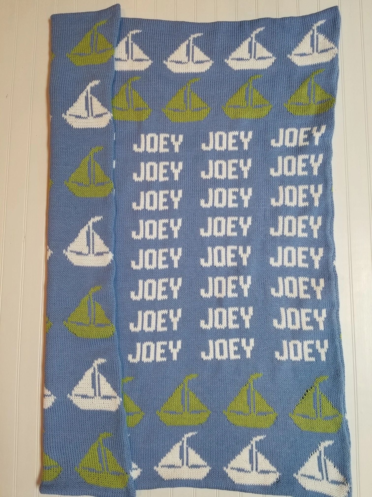 Sailboat Repeat Name Blanket – Personalized Baby Gift | Devonknitwear