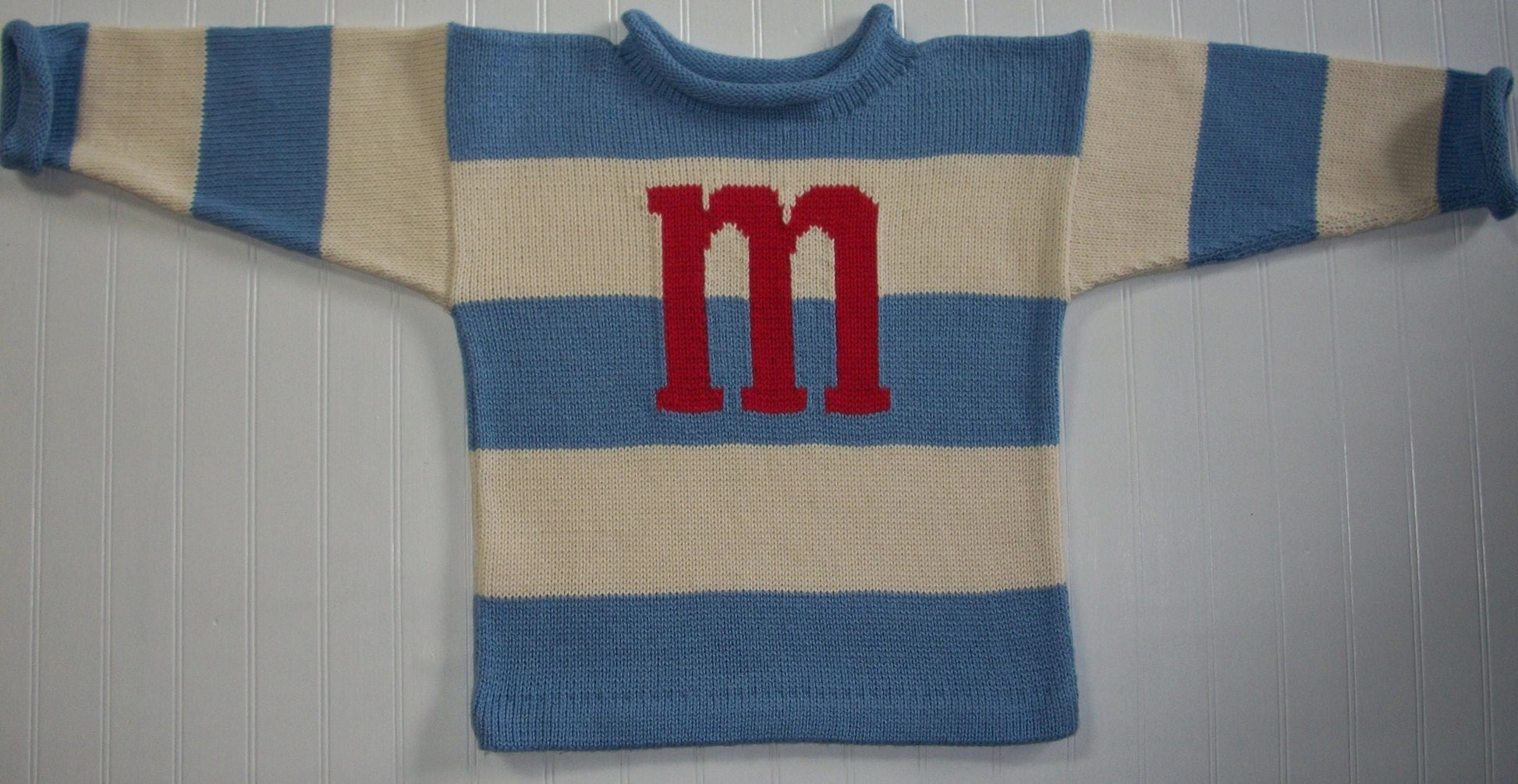 WIDE STRIPE WITH LETTER OR NAME Custom Knit Sweater | Devonknitwear