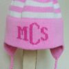 TRIPE EARFLAP WITH MONOGRAM AND POMPOM Custom Hat | Devonknitwear