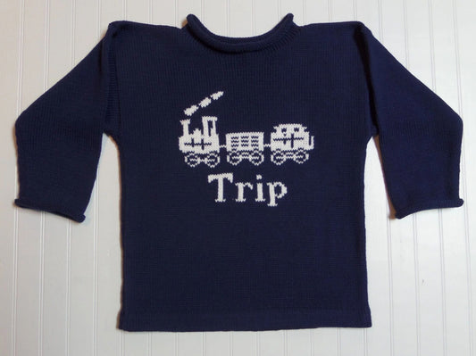 TRAIN SWEATER WITH NAME Custom Knit for Kids | Devonknitwear